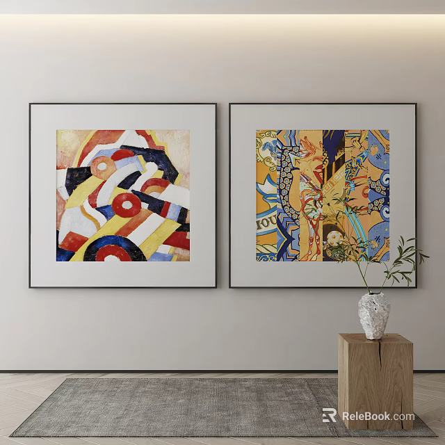 Two Abstract Paintings On Wall With White Vase And Wooden Stand Decor 3d model