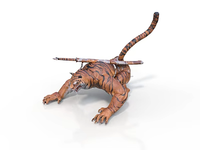 Realistic style attack tiger tiger first black myth tiger beast swooping posture carrying weapons spear orange black stripes white background 3d model