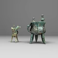 Ancient Bronze Vessels With Three Legs Decorative Handles And Ornamental Tops