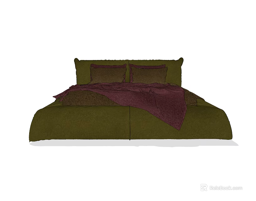 Double Bed with Green Bedspread Maroon Blanket and Matching Pillows 3d model