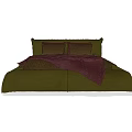 Double Bed with Green Bedspread Maroon Blanket and Matching Pillows 3d model