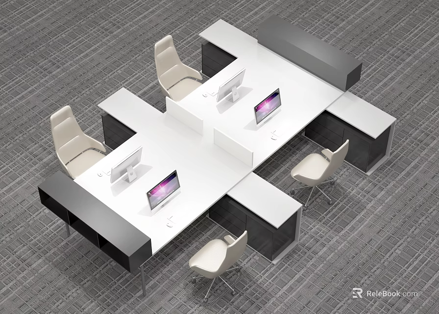 Modern Office Desk With White Surface Black Frame And Ergonomic Chairs Computer Monitors 3d model 