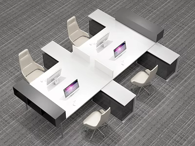 Modern Office Desk With White Surface Black Frame And Ergonomic Chairs Computer Monitors 3d model