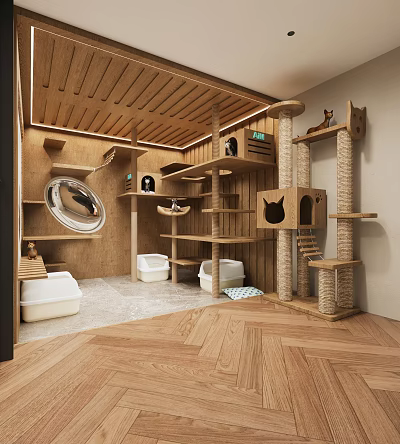 Cozy Wooden Cat Playroom With Trees Condos And Litter Boxes 3d model