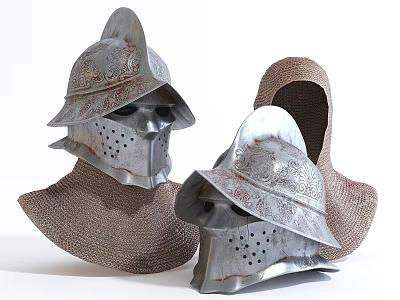 Medieval Metal Helmets With Decorative Engraved Patterns and Chainmail Neck Guards 3d model