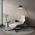 Beige Lounge Chair with Ottoman and Black Shade Floor Lamp by Window with Wooden Floor
