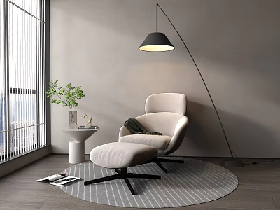 Beige Lounge Chair with Ottoman and Black Shade Floor Lamp by Window with Wooden Floor 3d model