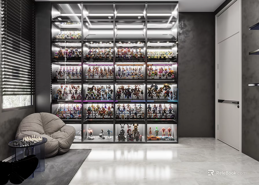 Modern Room With Collectibles Display In Glass Cabinets And Lounge Area 3d model 