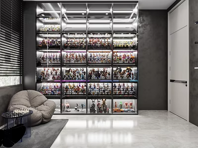 Modern Room With Collectibles Display In Glass Cabinets And Lounge Area 3d model