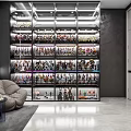 Modern Room With Collectibles Display In Glass Cabinets And Lounge Area