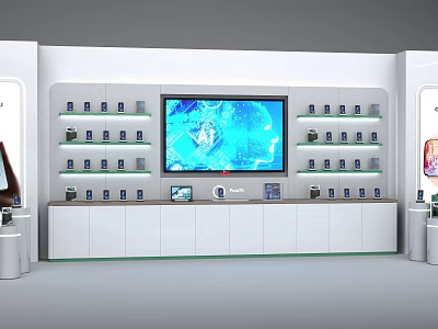 Modern White Display Shelves With Electronic Products And Central Large Screen 3d model