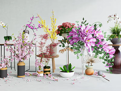 Floral Art Display With Various Colorful Blooms In Vases And Pedestals With Scattered Petals 3d model