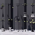 Outdoor Lights With Various Designs Including Decorative Lamp Posts And Stone Bases 3d model