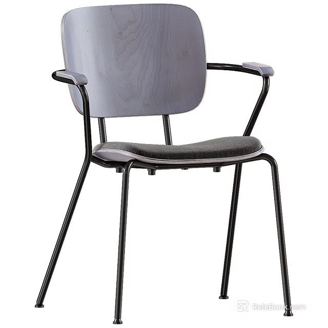 Modern Minimalist Accent Chair With Wooden Backrest Black Metal Frame And Gray Cushion 3d model 