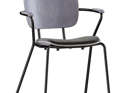 Modern Minimalist Accent Chair With Wooden Backrest Black Metal Frame And Gray Cushion 3d model