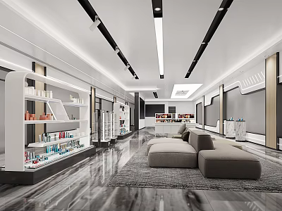 Modern Showroom Interior With White Shelves Product Displays Gray Sofa Marble Flooring And Modern Lighting 3d model