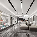 Modern Showroom Interior With White Shelves Product Displays Gray Sofa Marble Flooring And Modern Lighting