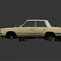 Beige Vintage Car With Open Hood Exposed Engine Worn Body And Damaged Tires