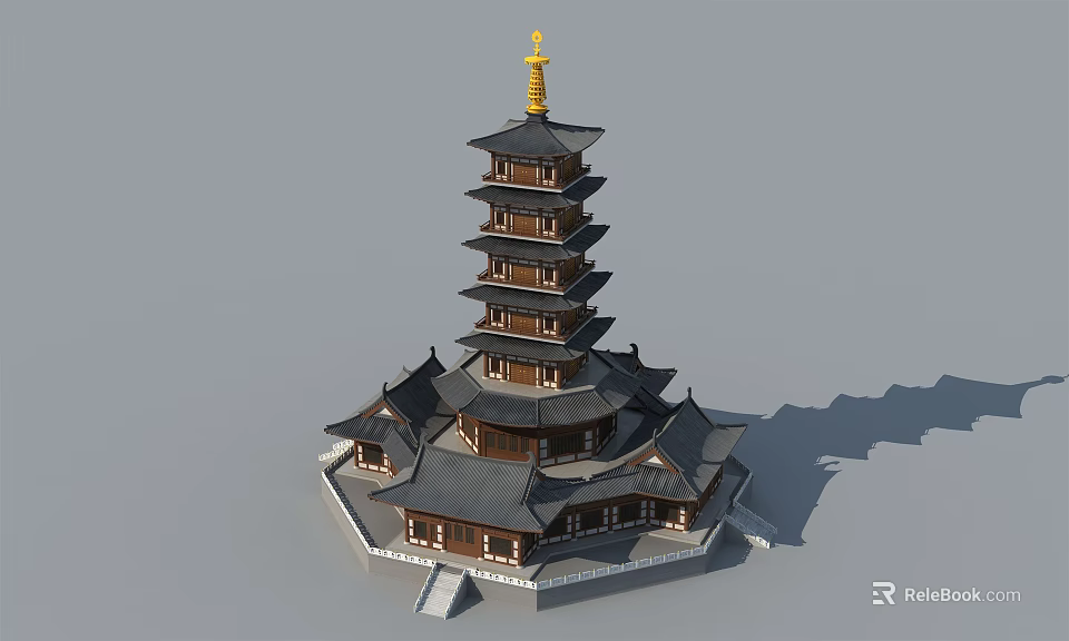 Traditional Multi layered Pagoda With Golden Spire And Overhanging Eaves Design 3d model 