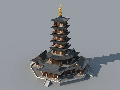 Traditional Multi layered Pagoda With Golden Spire And Overhanging Eaves Design 3d model
