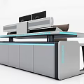 Modern Office Desk With Dual Monitors Printer Blue Lighting And Chair