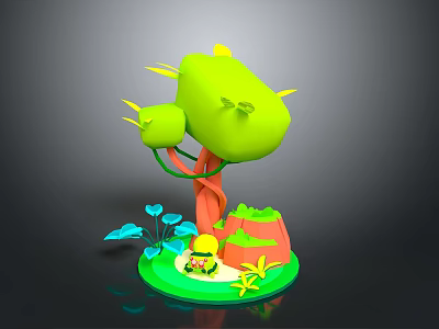 Cartoon Style 3D Plant Model with Green Bulbous Body Orange Trunk and Small Blue Leaves 3d model