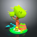 Cartoon Style 3D Plant Model with Green Bulbous Body Orange Trunk and Small Blue Leaves