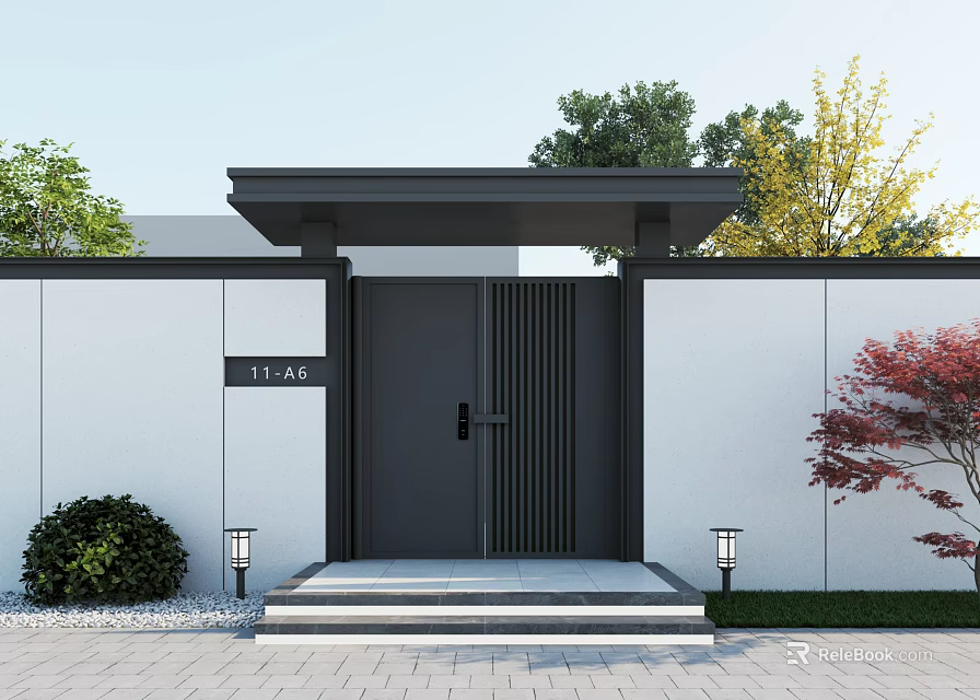 Modern Black Entrance Gate With White Wall Steps Side Lamps Green Shrubs And Red Tree 3d model 