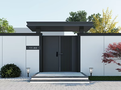 Modern Black Entrance Gate With White Wall Steps Side Lamps Green Shrubs And Red Tree 3d model