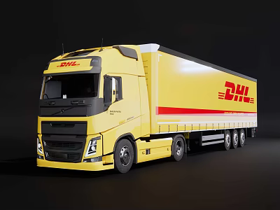 DHL Yellow Cargo Truck With Large Cab Trailer And Red Delivery Logo 3d model