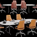 Round Conference Table With Brown Wheeled Chairs Laptop And Water Glasses