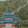 Ancient Chinese Architecture With Blue Tiled Roofs Red Structures Pagodas Amid Green Trees On Hillside