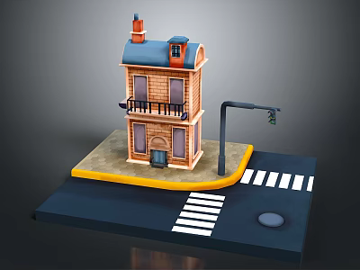 Cartoon Street Scene With Two Story House Blue Roof Red Chimney Balcony And Street Lamp 3d model