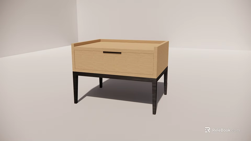 Light Wood Bedside Table with Single Drawer and Black Slim Legs 3d model