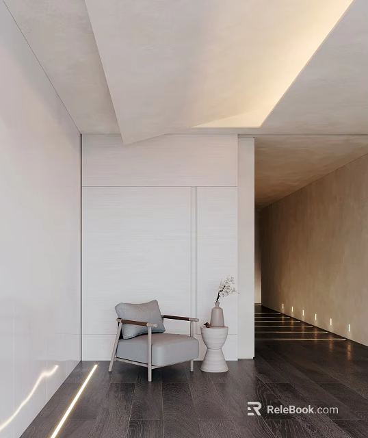 Minimalist Entryway Hallway Interior Design With White Panel Walls And Accent Chair 3d model 