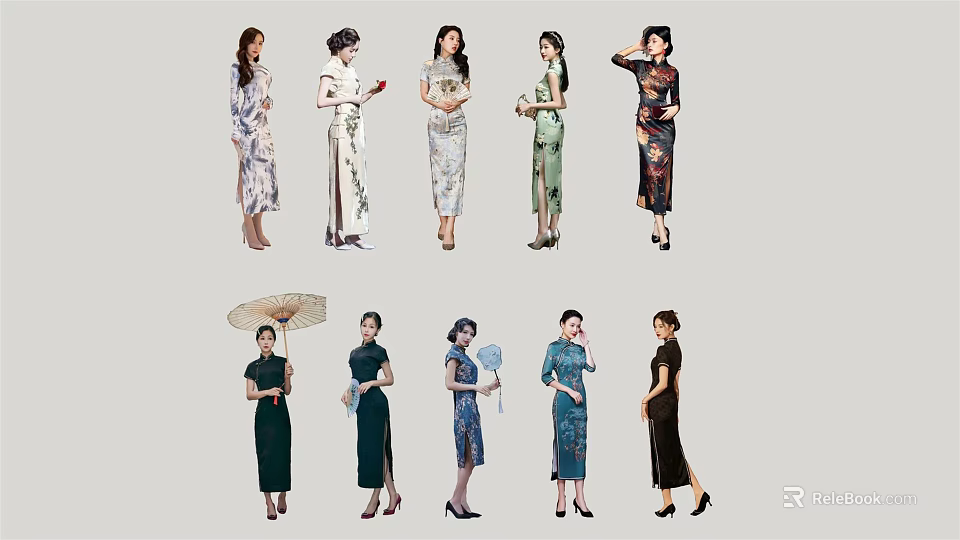 Multiple Women Wearing Traditional Chinese Qipao With Various Styles And Accessories 3d model 