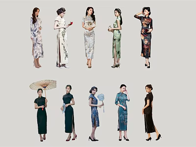 Multiple Women Wearing Traditional Chinese Qipao With Various Styles And Accessories 3d model