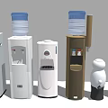 Daily Electrical Appliances Including Vertical Water Dispensers With Bottles And Human Shaped Silver Trash Bins
