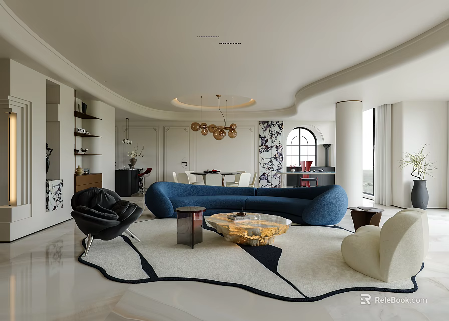 Luxury Modern Open Living And Dining Room With Stylish Curved Sofas And Elegant Interior Design 3d model 