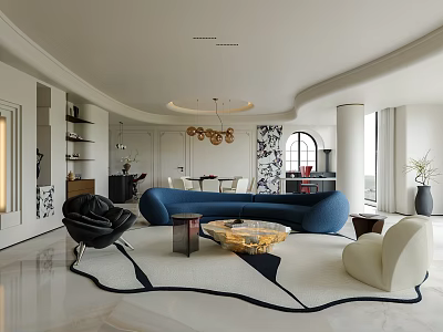 Luxury Modern Open Living And Dining Room With Stylish Curved Sofas And Elegant Interior Design 3d model