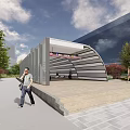 Modern Station Entrance with Curved Canopy Signage and Pedestrians on Brick Pavement