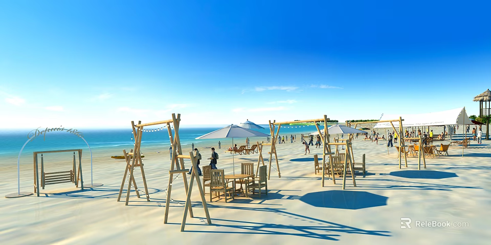 Coastal Garden Landscape With Wooden Swings Umbrellas Tables Chairs And Ocean View Under Blue Sky 3d model 