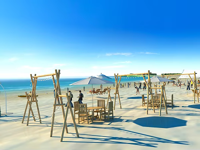 Coastal Garden Landscape With Wooden Swings Umbrellas Tables Chairs And Ocean View Under Blue Sky 3d model