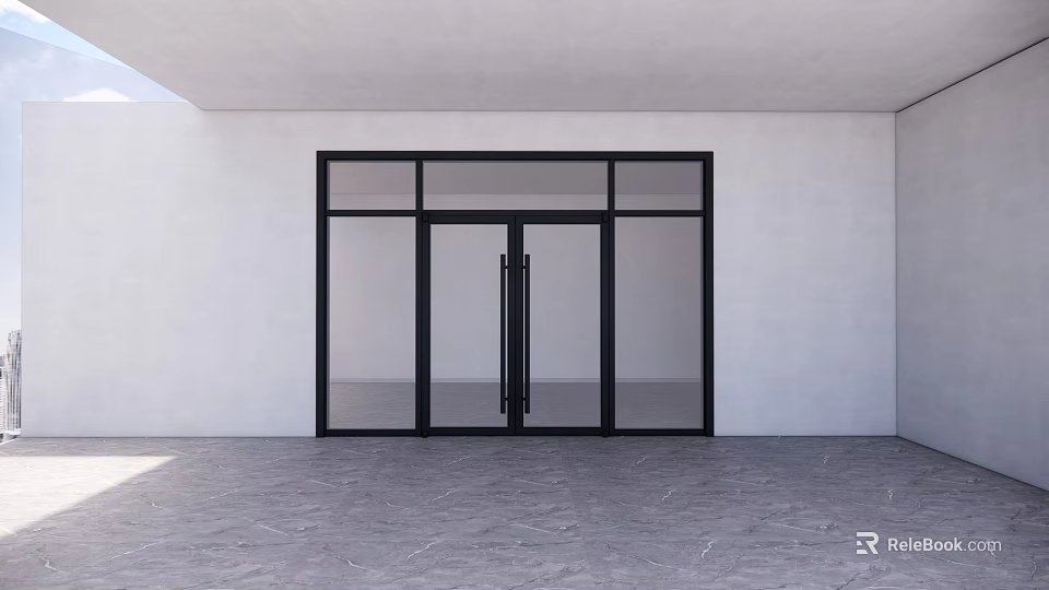 Modern Glass Double Doors With Black Frame Installation On White Wall And Gray Floor 3d model 