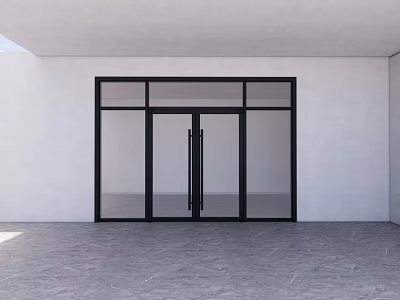Modern Glass Double Doors With Black Frame Installation On White Wall And Gray Floor 3d model