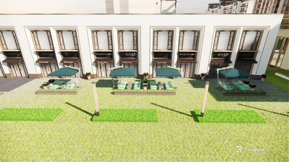 Commercial Street with White Buildings Windows Green Umbrellas Tables Chairs Lawn Lamp Posts 3d model 