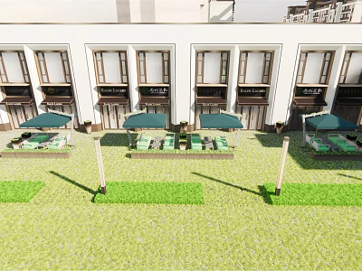 Commercial Street with White Buildings Windows Green Umbrellas Tables Chairs Lawn Lamp Posts 3d model