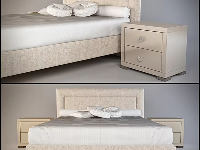 Modern Minimalist Double Bed With Beige Upholstered Headboard And Bedside Table 3d model
