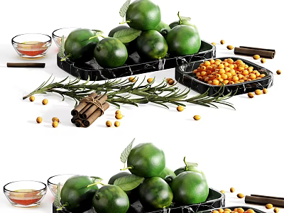 Fresh Green Limes With Leaves On Black Trays Alongside Cinnamon Sticks Rosemary And Seeds 3d model