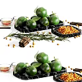 Fresh Green Limes With Leaves On Black Trays Alongside Cinnamon Sticks Rosemary And Seeds